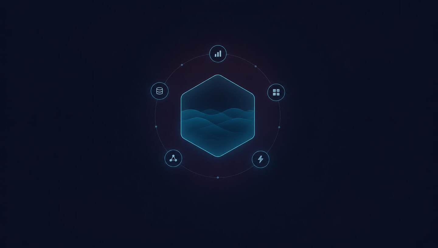 Abstrakte Darstellung einer zentralen Datenplattform mit umlaufenden Workloads in Cyan